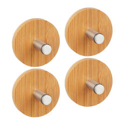 Set 4 Self-adhesive Hooks Made Bamboo Wood Stainless Steel