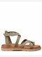 Leather Women's Flat Sandals in Green Color