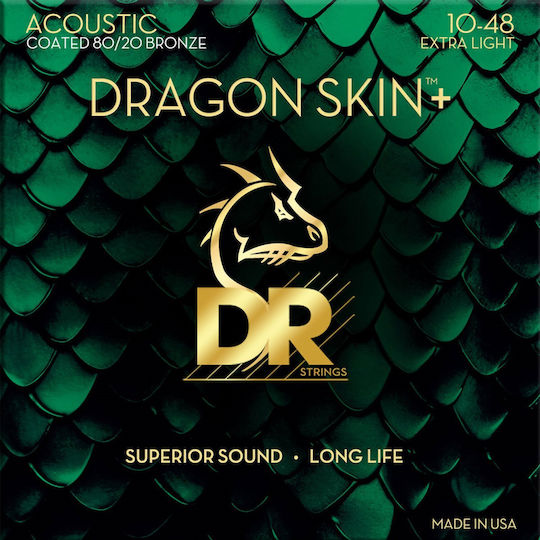 Dr Strings Dragon Skin+ Da8-10 Beschichtete 80/20 Akustikgitarrensaiten 010 048 Extra-leicht