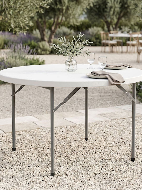 Comfort Outdoor Dinner Foldable Table with Plastic Surface and Metal Frame White Shade 120x120x74cm