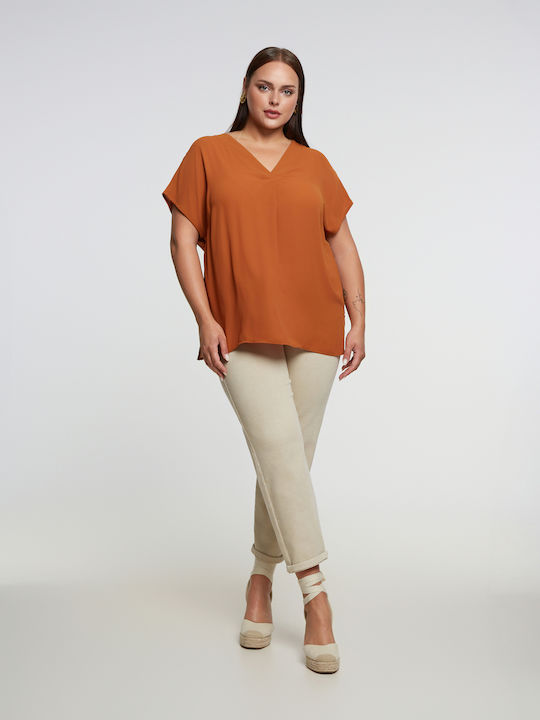Women's Blouse Short Sleeve with V Neckline Brown