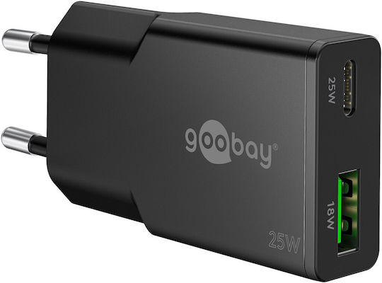 Goobay Φορτιστής Χωρίς Καλώδιο GaN με Θύρα USB-A και Θύρα USB-C 25W Power Delivery Μαύρος (75733)