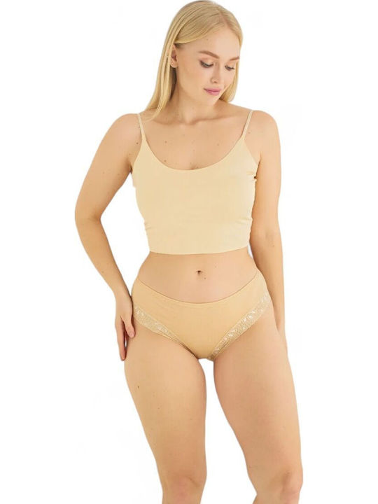 Βαμβακερά Ψηλόμεσα Γυναικεία Slip MultiPack με Δαντέλα Beige