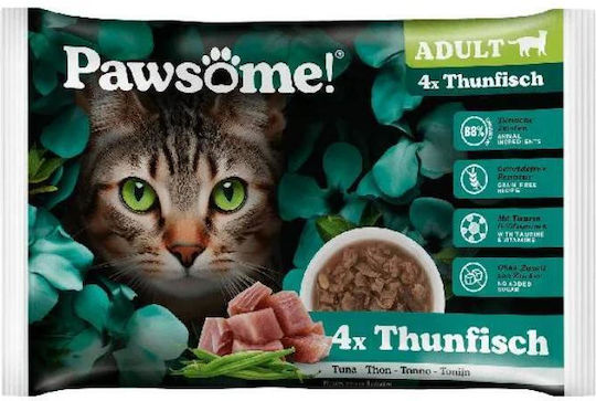 Pawsome Υγρή Τροφή για Ενήλικες Γάτες σε Φακελάκι με Τόνο 4x85gr