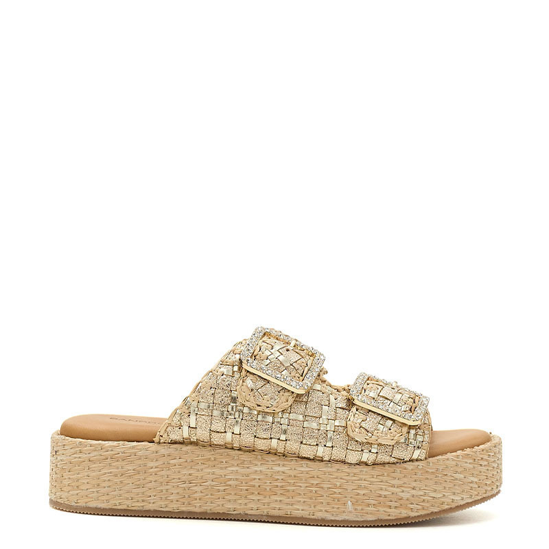 Sandro Rosi Leather Women's Flat Sandals Flatforms in Gold Color