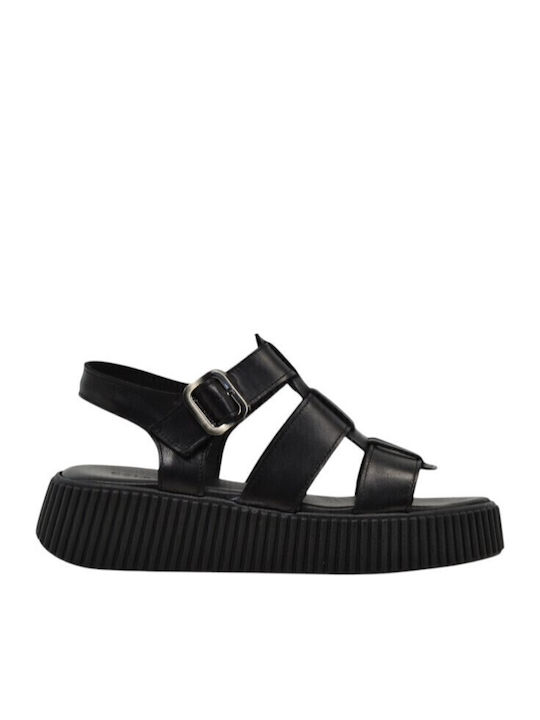 Leder Flache Sandalen für Damen in Schwarz Farbe