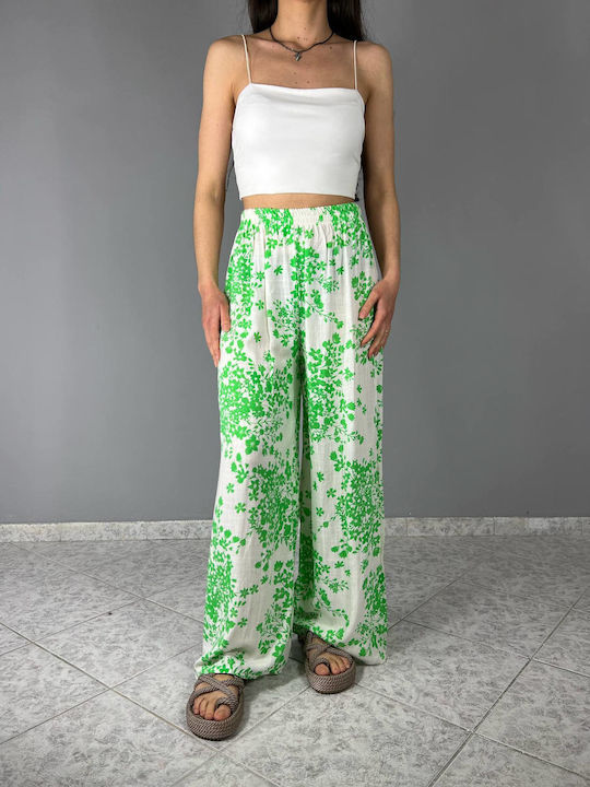 Women's Fabric Trousers with Elastic Floral Green