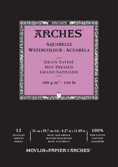 Arches Watercolour Pad Satin Grain Hot Pressed 300gsm 140lb 21x29.7cm 12 Sheets 100% Cotton A1795096
