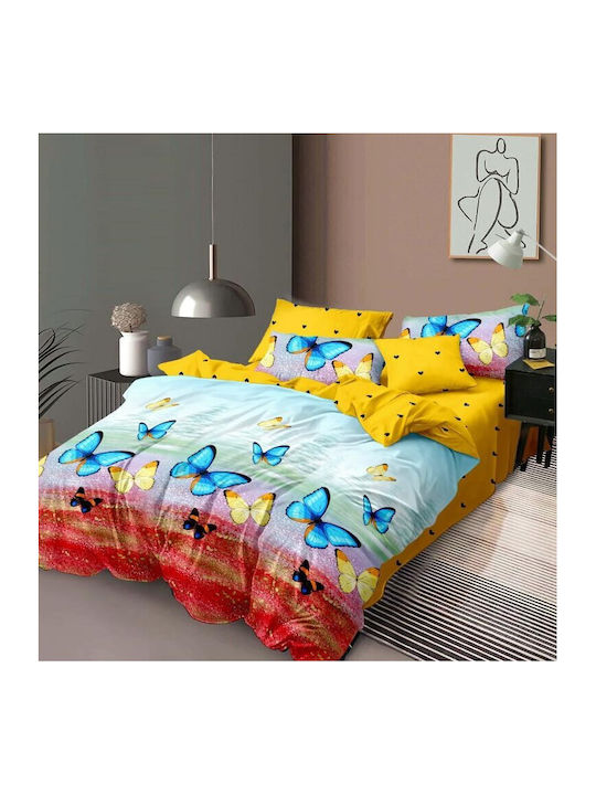 Pucioasa Set Husă de Pilotă Flanel Dublă cu 4 Fețe de Pernă & 1 Cearsaf 200x220 Albastru