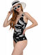 One Piece Swimsuit Floral White Black