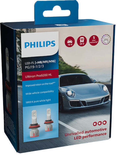 Philips Lamps Car Ultinon Pro9200 H8 / H9 / H11 / H16 Canbus LED 5800K Cold White 12-24V 18W 2pcs