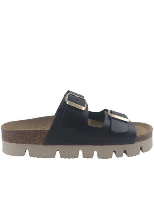 Δερμάτινα Γυναικεία Σανδάλια Flatforms Μαύρα