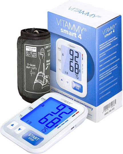 Tensiometru electronic de braț Vitammy Smart 4, port USB, măsurare în timpul umflării manșetei, detectare aritmie, memorie pentru 2 utilizatori x 60 de rezultate, dimensiune manșetă 22-42 cm, alb
