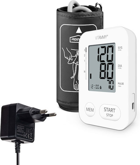 Tensiometru electronic de braț Vitammy Next 2+ cu port USB, adaptor inclus, detectare aritmie, memorie pentru 2 utilizatori, alb
