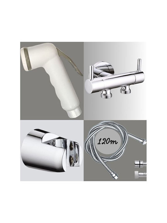 Bidet Set Double Angular Chrome Switch 1/2" White Hand Shower Spiral 120cm Holder 0941658 Remer