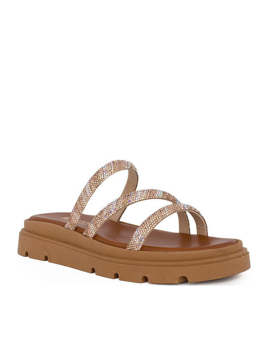 Δερμάτινα Γυναικεία Σανδάλια Flatforms Χρυσά
