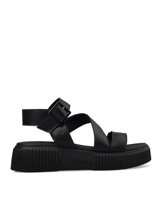 Leather Women's Flat Sandals Flatforms in Black Color