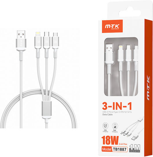 Moveteck Плетена USB към Lightning / Type-C / micro USB Кабел Бял 1м (463.010498)