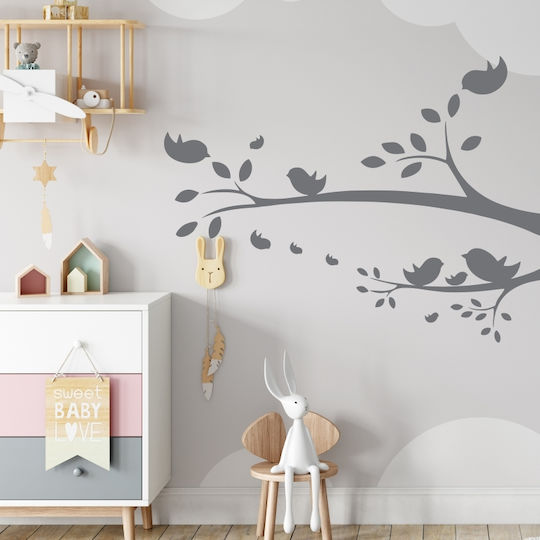 Wall Stickers For Kids Room Birds On Tree Branches 1 Pc. - Silver