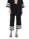 Women's High-waisted Fabric Capri Trousers Relaxed Fit Ecru-black
