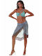 Women's Printed Pareo with Fringes Bluepoint 25083000-25 Light Blue