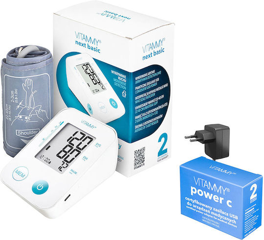 Tensiometru electronic de braț Vitammy Next Basic Power C include adaptor de alimentare, măsurare în timpul umflării manșetei, memorie pentru 2 utilizatori, husă de protecție, dimensiune manșetă 22-40 cm, alb