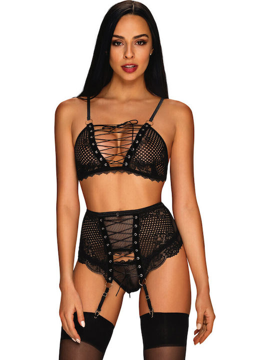 Obsessive Lace Underwear Set with Bra & String Black Basitta