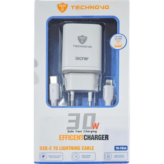 Technovo Charger with USB-C Port and Cable USB-C - Lightning 30W Power Delivery Whites (TN-F044)