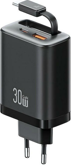 Usams Ladegerät mit integriertem Kabel GaN mit USB-A Anschluss und USB-C Anschluss USB-C 30W Stromlieferung Schwarzs (CC296)