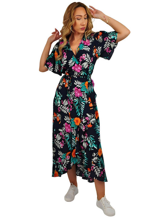Summer Midi Dress Wrap with Ruffles Blue