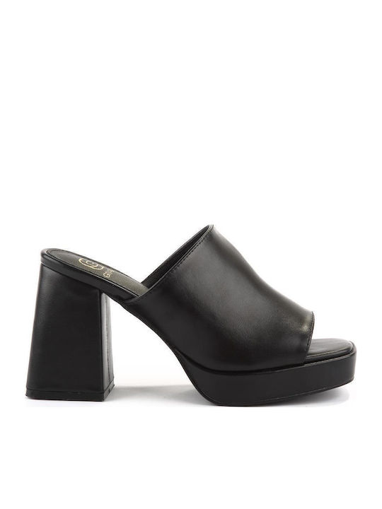 Leather Mules with High Heel in Black Color