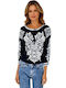 Damen Bluse Baumwolle Langärmelig Black/white