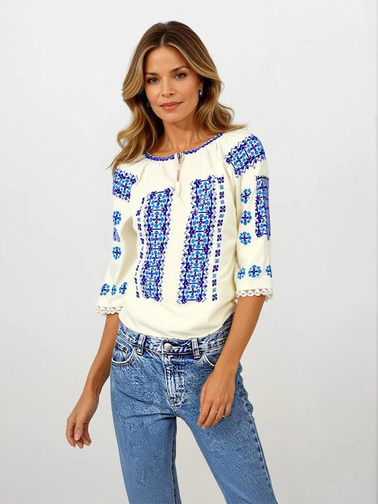 Bluze Damă Mânecă Lungă Bumbac Floral Alb/azur Albastru