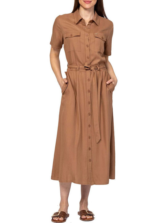 Heavy Tools Sommer Midi Hemdkleid Latte