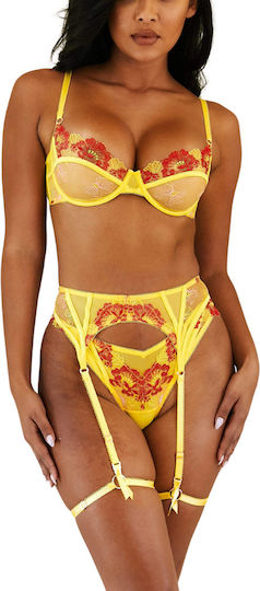 Thaleia Yellow Lingerie Set Red Embroidery Underwire Garters
