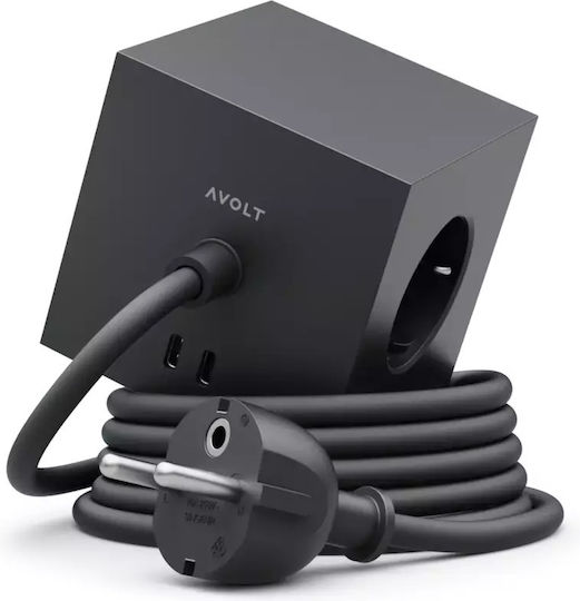 AVOLT Square Power Strip with Surge Protection 2 Positions with 2 USB-A, USB-C and Cable 1.8m