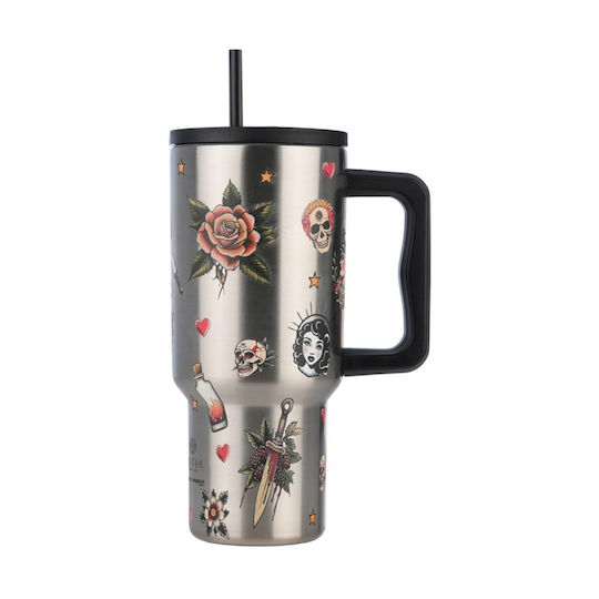 Estia Straw Tumbler XL Save the Aegean Recycelbar Becher mit Griff Thermosflasche Rostfreier Stahl BPA-frei 900ml Old School Ink mit Strohhalm und Handgriff