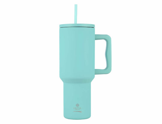 Estia Straw Tumbler XL Save the Aegean Recyclable Handled Tumbler Thermos Stainless Steel BPA Free 1.2lt Bermuda Green with Straw and Handle