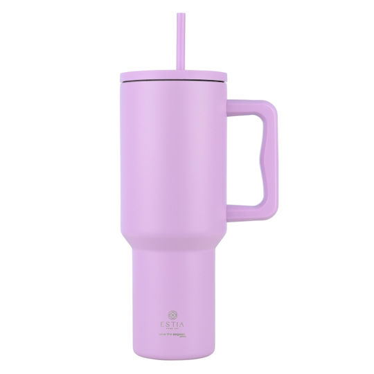 Estia Straw Tumbler XL Save the Aegean Recyclable Handled Tumbler Thermos Stainless Steel BPA Free 1.2lt Lavender Purple with Straw and Handle