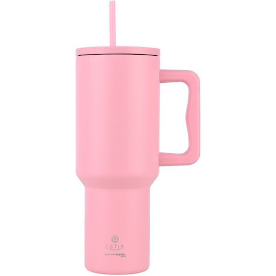 Estia Straw Tumbler XL Save the Aegean Recyclable Handled Tumbler Thermos Stainless Steel BPA Free 1.2lt Blossom Rose with Straw and Handle