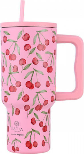 Estia Straw Tumbler XL Save the Aegean Recyclable Handled Tumbler Thermos Stainless Steel BPA Free 900ml Cherry Rose with Straw and Handle