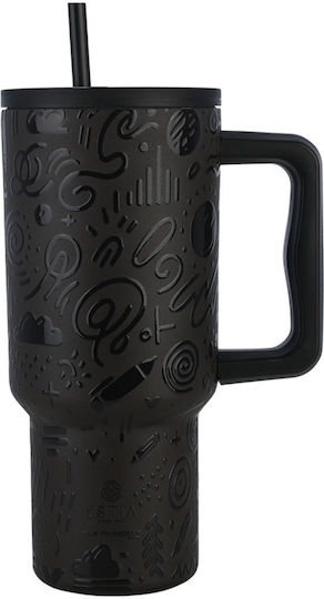 Estia Straw Tumbler XL Save the Aegean Recyclable Handled Tumbler Thermos Stainless Steel BPA Free 900ml Noir Echo with Straw and Handle
