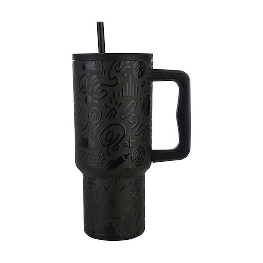 Estia Straw Tumbler XL Save the Aegean Recyclable Handled Tumbler Thermos Stainless Steel BPA Free 900ml Noir Echo with Straw and Handle
