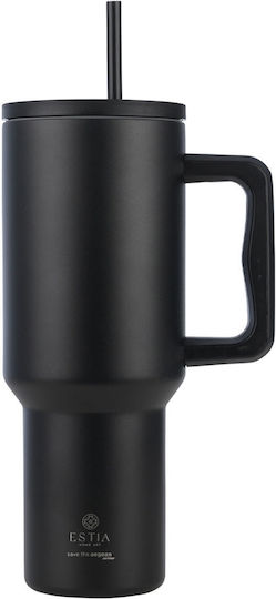 Estia Straw Tumbler XL Save the Aegean Ανακυκλώσιμο Handled Tumbler Θερμός Ανοξείδωτο BPA Free 1.2lt MIDNIGHT BLACK με Καλαμάκι και Λαβή