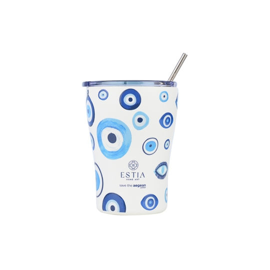 Estia Coffee Mug Save The Aegean Recyclable Glass Thermos Stainless Steel BPA Free 350ml Spirit Of Luck with Straw