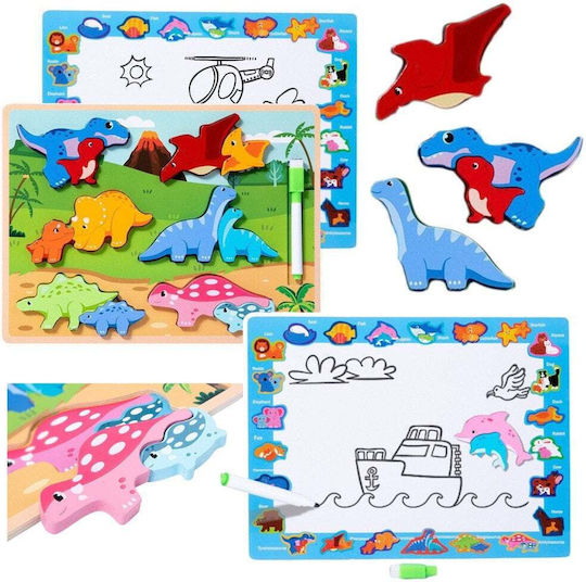 2-in-1 Wooden Educational Puzzle Board Dinosaur Markers 12 Pieces