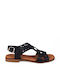 Leather Women's Flat Sandals in Black Color