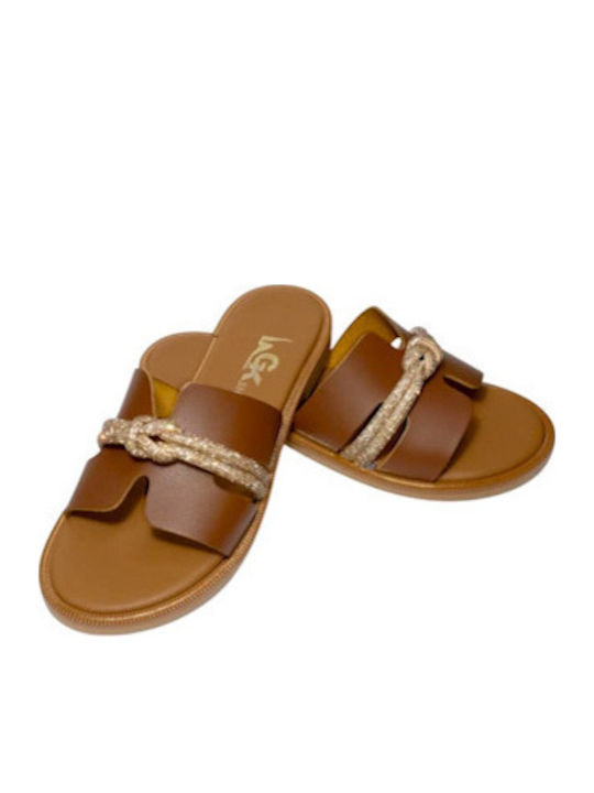 Leather Women's Flat Sandals in Tabac Brown Color