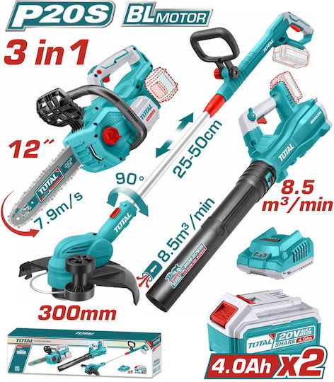 Total TOSLI241189E Set Chainsaw & Blower & Grass Cutter Brushless 20V with 2 Batteries 4Ah