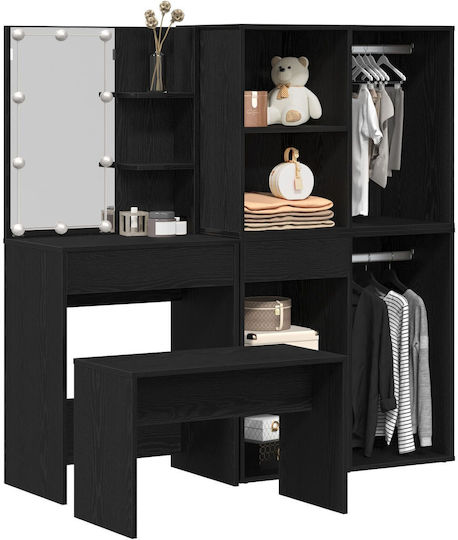 Masută De Toaletă De Podea Din Lemn Negru Stejar Cu Oglindă Și Taburet 60x40x140cm